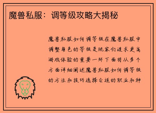 魔兽私服：调等级攻略大揭秘