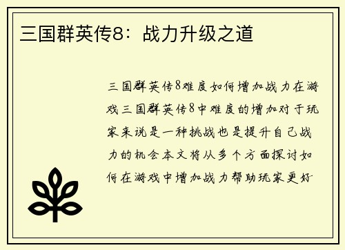 三国群英传8：战力升级之道