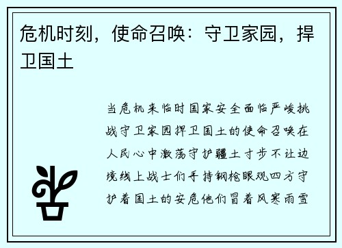 危机时刻，使命召唤：守卫家园，捍卫国土